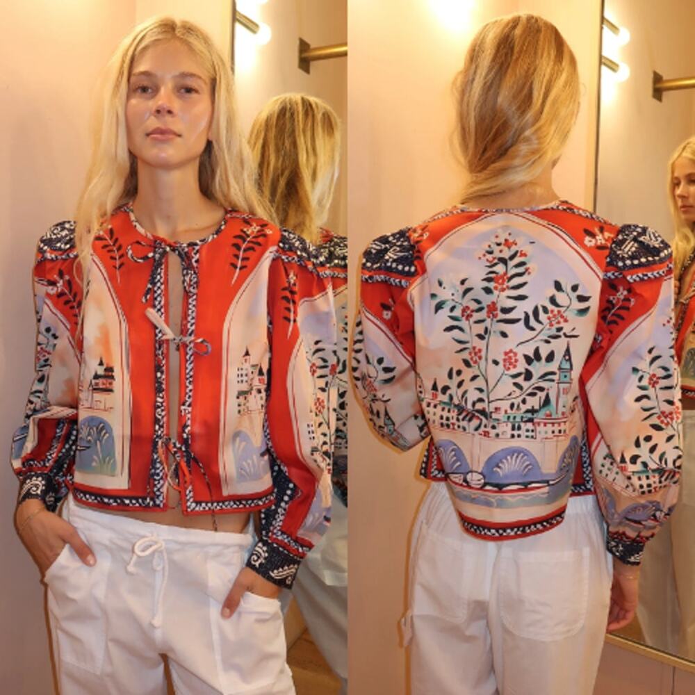 NWT Hunter Bell Katie Coastal Village Print Balloon Sleeves Top Red Size: Medium